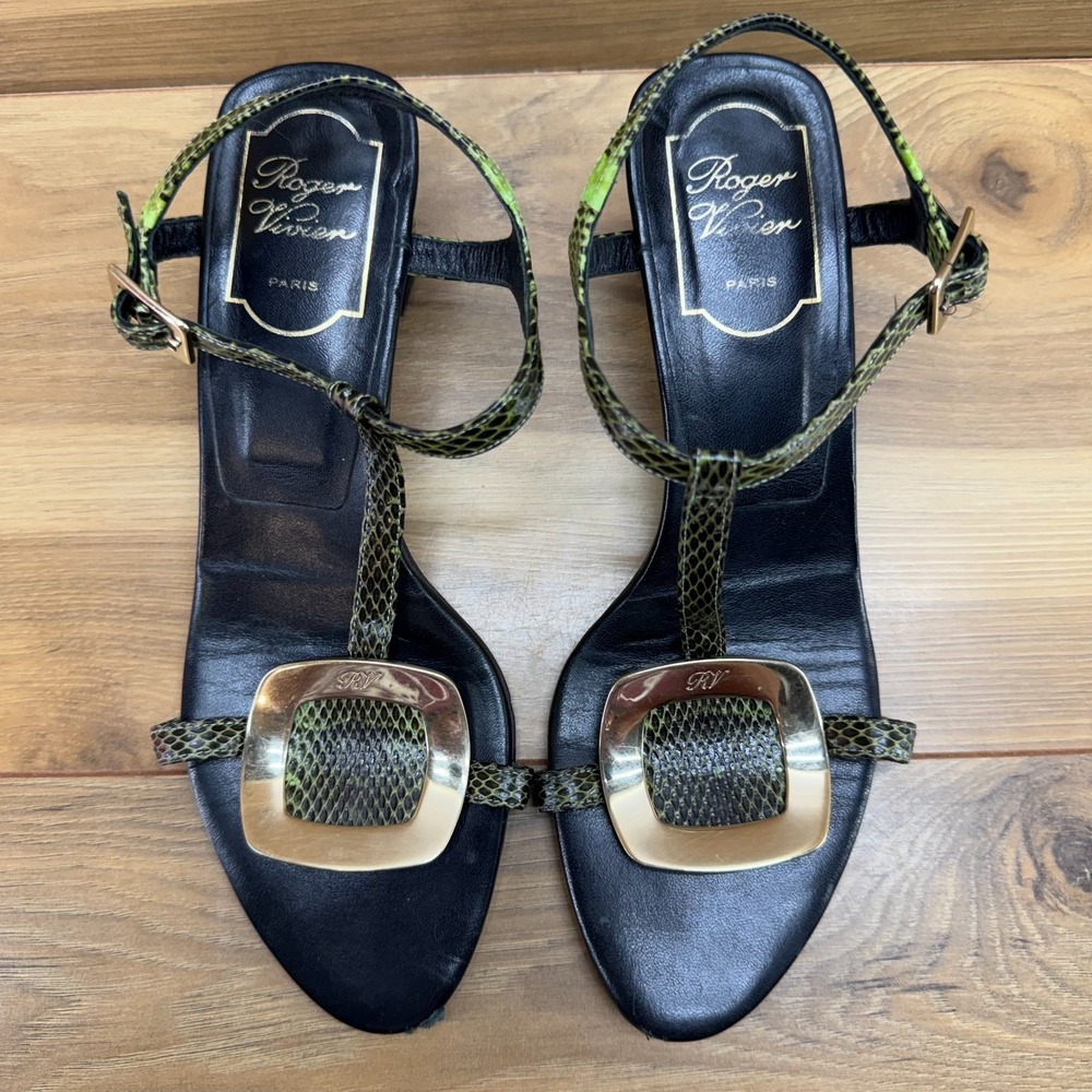 Roger Vivier Snake Leather Heel Sandals 7.5 EU 37.5 Green Gold Logo Ankle Strap